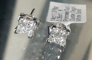 0.35ct Princess Cut Diamonds | Cluster Design Stud Earrings | 14kt White Gold