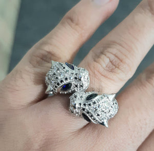 0.80cts Round Cut Black and White Diamonds | 4 Sapphires | Double Panther Designer Ring | 18kt White Gold