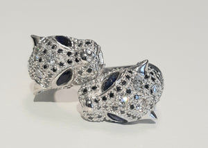 0.80cts Round Cut Black and White Diamonds | 4 Sapphires | Double Panther Designer Ring | 18kt White Gold