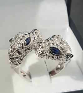 0.80cts Round Cut Black and White Diamonds | 4 Sapphires | Double Panther Designer Ring | 18kt White Gold