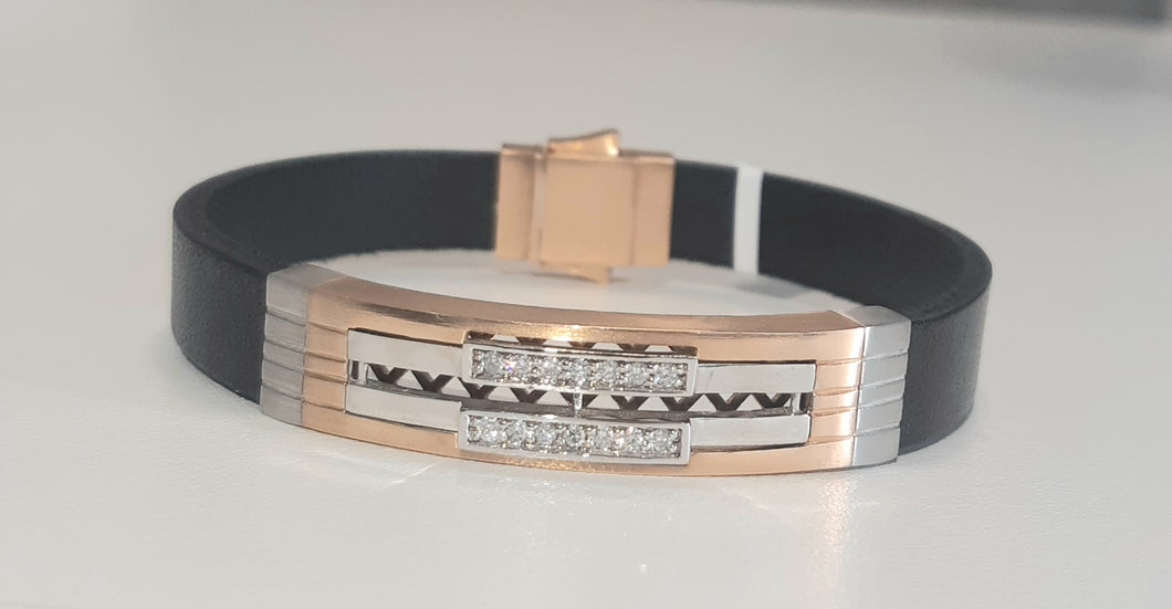 0.25cts [14] Round Brilliant Cut Diamonds | Designer Pave Design Bracelet with Leather | 18kt Rose and White Gold