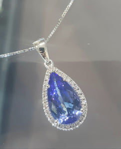 3.86ct Pear Cut Tanzanite | 0.20cts Round Brilliant Cut Diamonds | Designer Necklace | 18kt White Gold