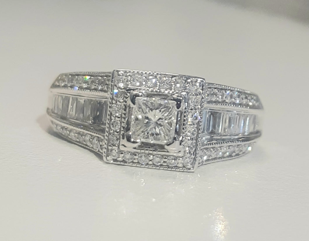 0.327ct Princess Cut Diamond Centre | 0.80cts Round and Baguette Diamonds | Designer Ring | 14kt White Gold