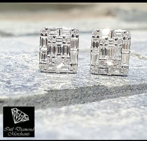 1.12cts [42] Round Brilliant and Baguette Cut Diamonds | Designer Illusion Stud Earrings | 18kt White Gold
