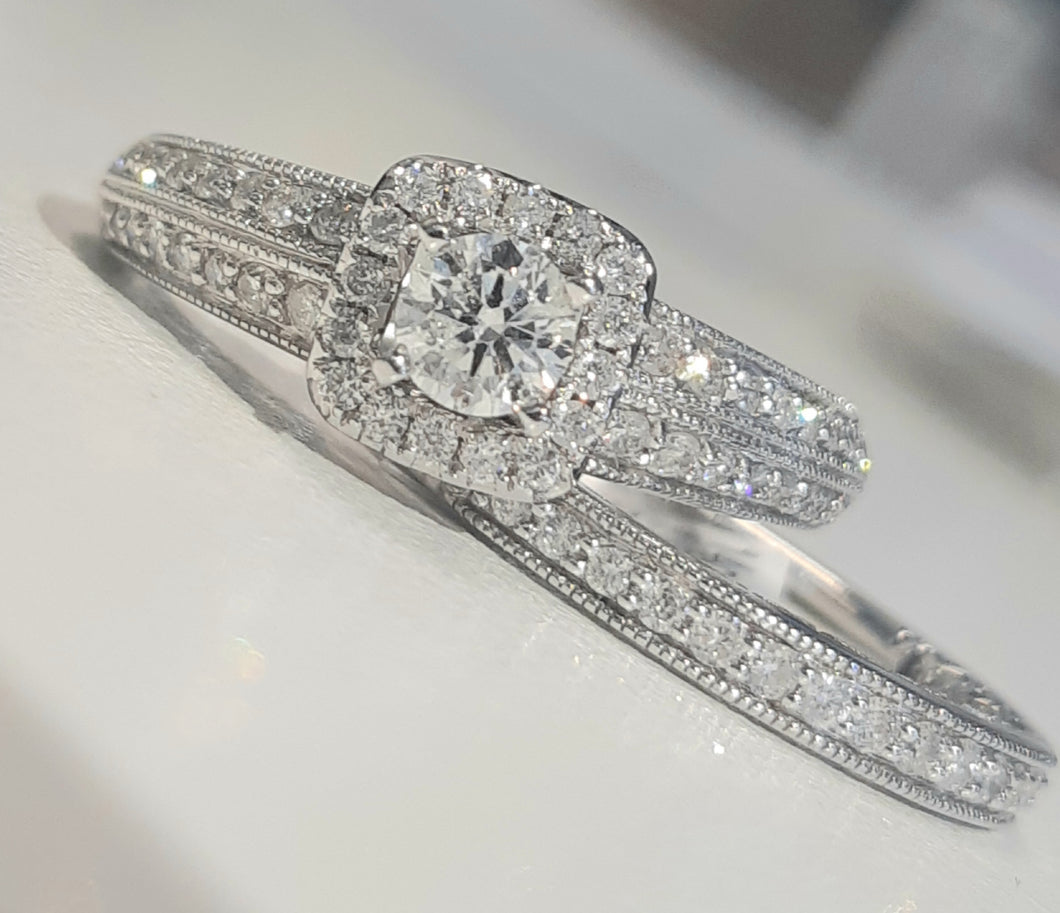 1.00ct Round Brilliant Cut Diamonds | Halo Design Bridal Twinset | 14kt White Gold