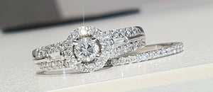 1.00cts Round Brilliant and Baguette Cut Diamonds | Designer Halo Bridal Twinset| 14kt White Gold