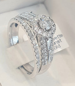 1.00cts Round Brilliant and Baguette Cut Diamonds | Designer Halo Bridal Twinset| 14kt White Gold