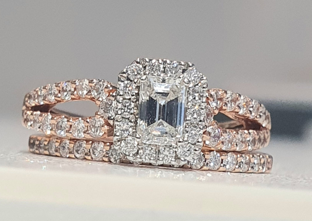 1.00cts | Round Brilliant and Baguette Cut Diamonds | Designer Bridal Twinset | 14kt Rose and White Gold