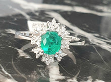 Load image into Gallery viewer, 0.75ct Oval Cut Green Emerald | 0.16cts [32] Round Brilliant Cut Diamonds | Designer Ring | 18kt White Gold
