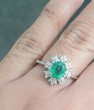 Load image into Gallery viewer, 0.75ct Oval Cut Green Emerald | 0.16cts [32] Round Brilliant Cut Diamonds | Designer Ring | 18kt White Gold
