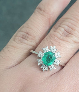0.75ct Oval Cut Green Emerald | 0.16cts [32] Round Brilliant Cut Diamonds | Designer Ring | 18kt White Gold