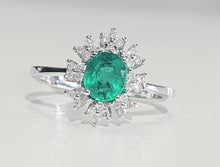 Load image into Gallery viewer, 0.75ct Oval Cut Green Emerald | 0.16cts [32] Round Brilliant Cut Diamonds | Designer Ring | 18kt White Gold

