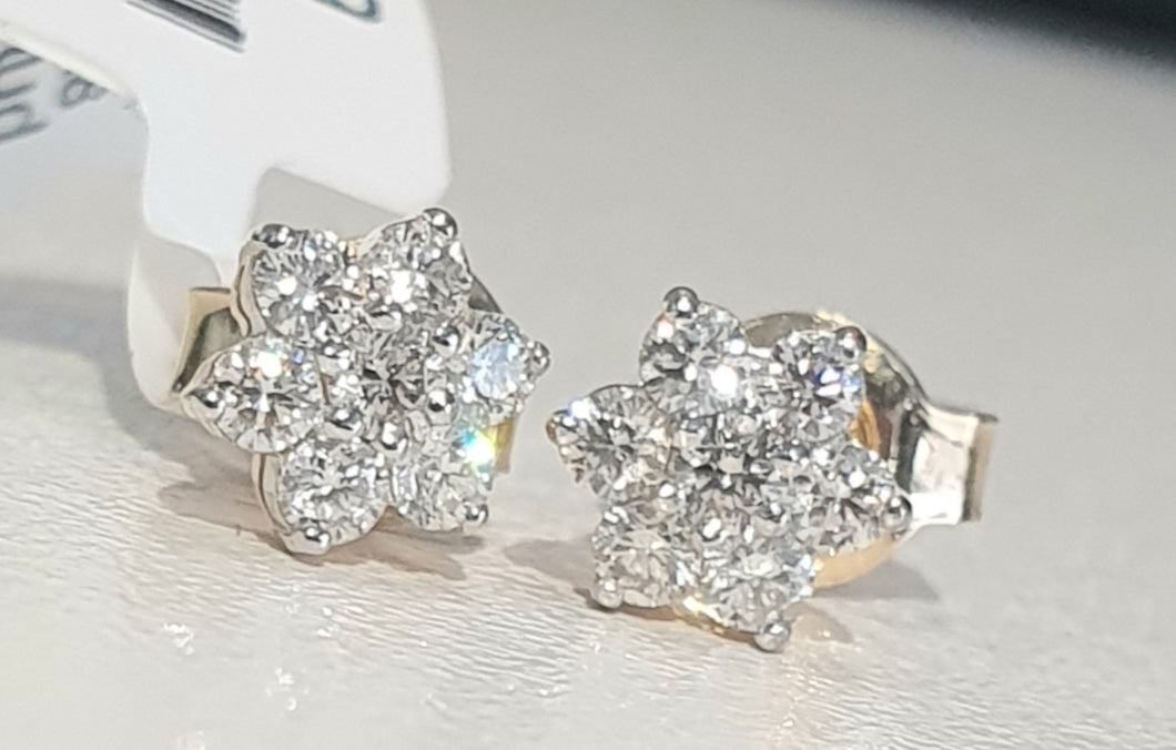 0.35cts [14] Round Brilliant Cut Diamonds | Cluster Design Earrings | 9kt Yellow Gold