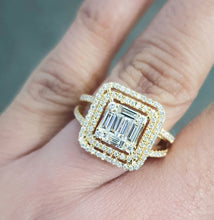 Load image into Gallery viewer, 1.01cts [128] Round Brilliant and Baguette Cut Diamonds | Designer Double Halo Designer Ring | 18kt Yellow Gold
