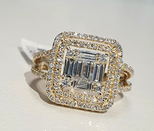 Load image into Gallery viewer, 1.01cts [128] Round Brilliant and Baguette Cut Diamonds | Designer Double Halo Designer Ring | 18kt Yellow Gold

