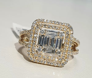 1.01cts [128] Round Brilliant and Baguette Cut Diamonds | Designer Double Halo Designer Ring | 18kt Yellow Gold