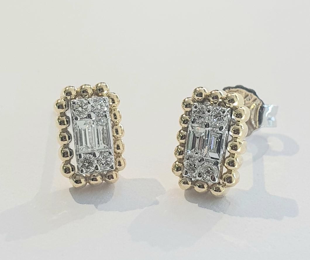0.30cts [12] Round Brilliant and Baguette Cut Diamonds | Designer Stud Earrings | 18kt Yellow and White Gold