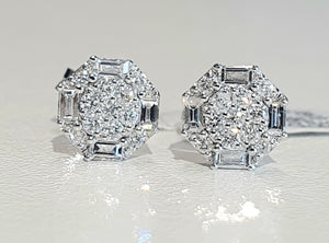 0.470cts [30] Round Brilliant and Baguette Cut Diamonds | Illusion Design Stud Earring | 18kt White Gold