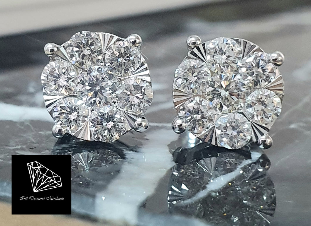 1.50cts [14] Round Brilliant Cut Diamonds | Cluster Stud Earring | 14kt White Gold