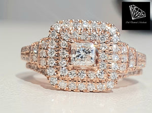 1.00cts Princess and Round Brilliant Cut Diamonds | Designer Double Halo Bridal Twinset | 14kt Rose Gold