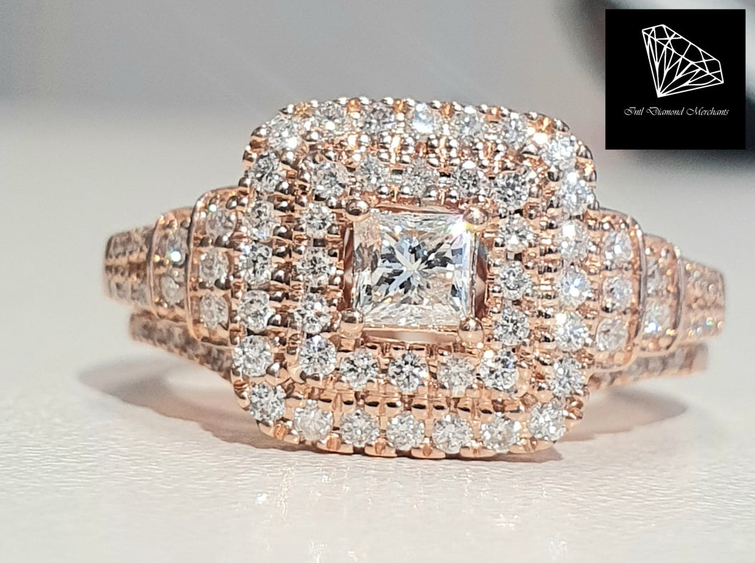 1.00cts Princess and Round Brilliant Cut Diamonds | Designer Double Halo Bridal Twinset | 14kt Rose Gold