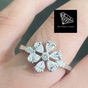 0.880cts [9] Round Brilliant and Pear Cut Diamonds | Designer Flower Ring | 18kt White Gold
