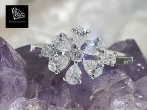 0.880cts [9] Round Brilliant and Pear Cut Diamonds | Designer Flower Ring | 18kt White Gold