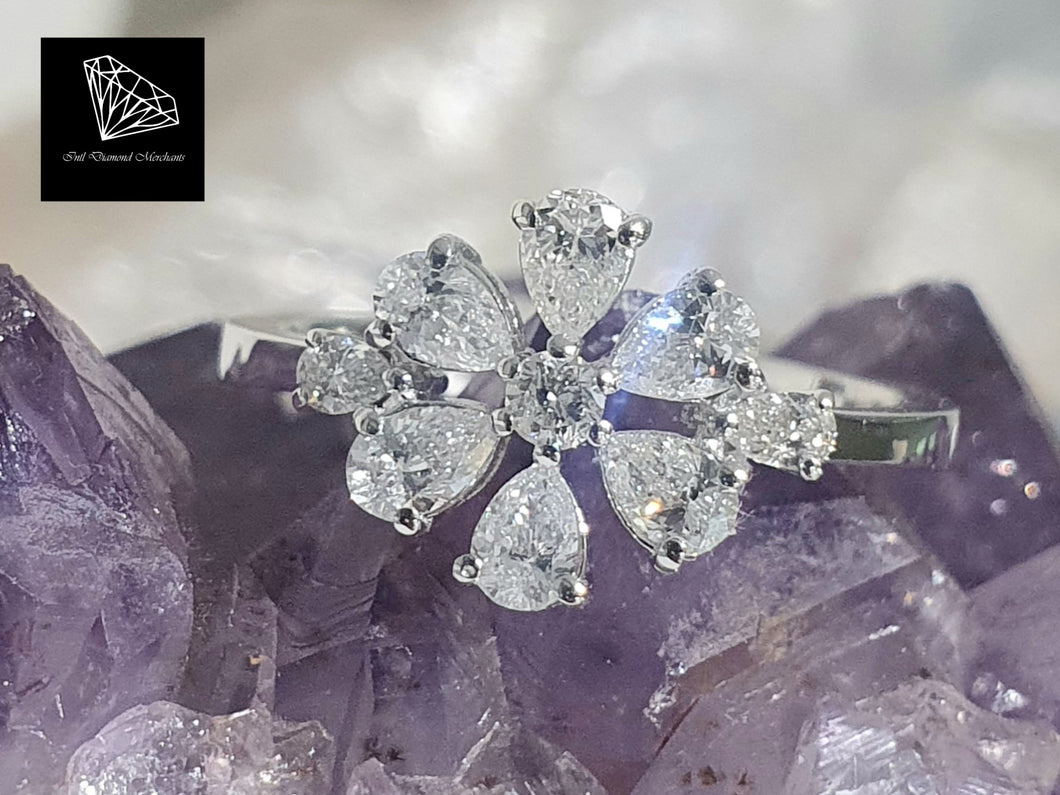 0.880cts [9] Round Brilliant and Pear Cut Diamonds | Designer Flower Ring | 18kt White Gold