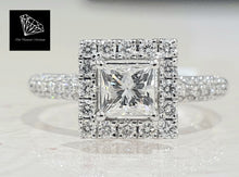 Load image into Gallery viewer, 0.55ct Princess Cut Diamond Centre | 0.75cts Round Brilliant Cut Diamonds | Halo Design Ring | 14kt White Gold
