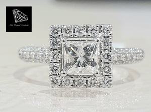 0.55ct Princess Cut Diamond Centre | 0.75cts Round Brilliant Cut Diamonds | Halo Design Ring | 14kt White Gold