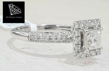 Load image into Gallery viewer, 0.55ct Princess Cut Diamond Centre | 0.75cts Round Brilliant Cut Diamonds | Halo Design Ring | 14kt White Gold
