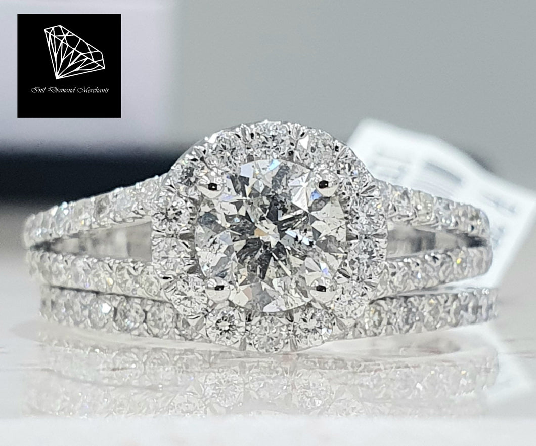 1.50cts | Round Brilliant Cut Diamonds | Designer Split Shank Halo Bridal Twinset | 14kt White Gold