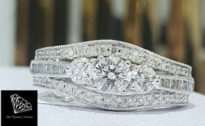 1.00cts | Round Brilliant and Baguette Cut Diamonds | Designer Trilogy Ring | 14kt White Gold