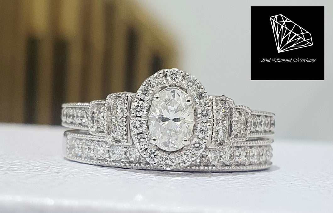 1.00cts | Oval and Round Brilliant Cut Diamonds | Designer Bridal Twinset | Millgrain Finish | 14kt White Gold