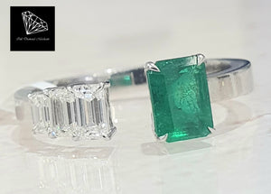 1.00ct Green Emerald Centre | 0.62cts [3] Emerald Cut Natural Diamonds | Open Shank Designer Ring | 18kt White Gold