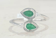 Load image into Gallery viewer, 0.45cts [2] Pear Cut Emeralds | 0.10cts [2] Pear Cut Diamonds | Designer Open Shank Ring | 18kt White Gold
