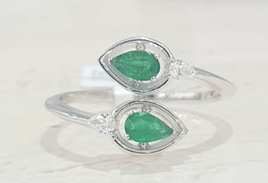 0.45cts [2] Pear Cut Emeralds | 0.10cts [2] Pear Cut Diamonds | Designer Open Shank Ring | 18kt White Gold