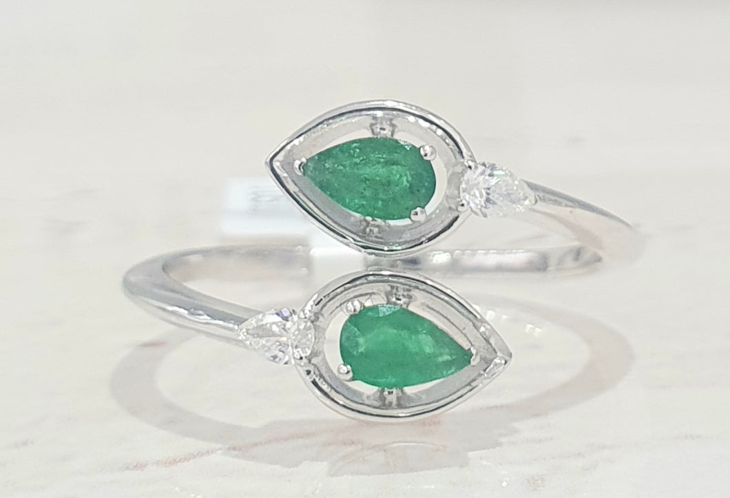 0.45cts [2] Pear Cut Emeralds | 0.10cts [2] Pear Cut Diamonds | Designer Open Shank Ring | 18kt White Gold