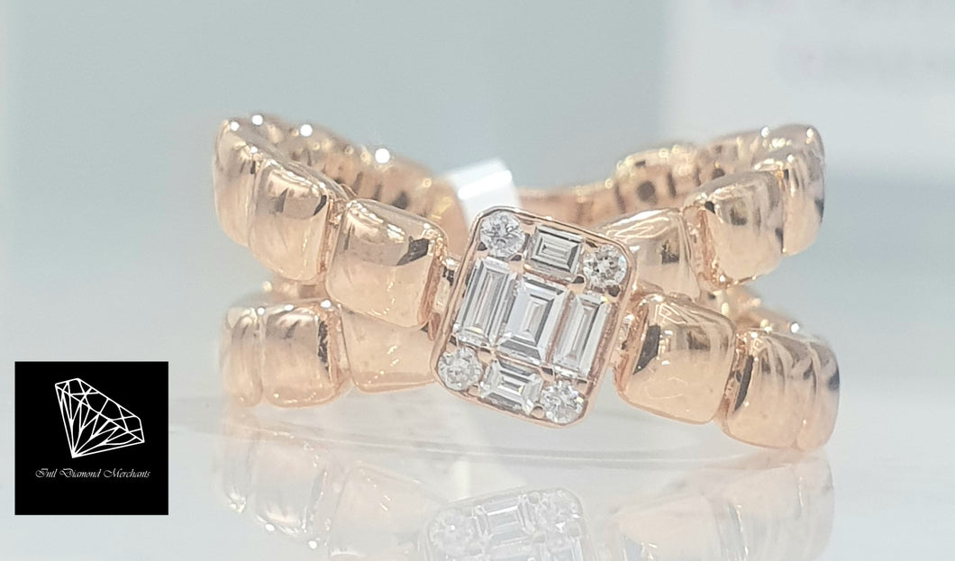 0.17cts [9] Round Brilliant and Baguette Cut Diamonds | Designer Crossover Ring | 18kt Rose Gold