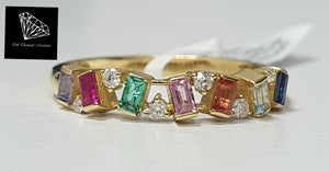 0.08cts [6] Round Brilliant Cut Diamonds | 0.34cts [7] Baguette Cut Multi Coloured Sapphires | Designer Ring | 18kt Yellow Gold