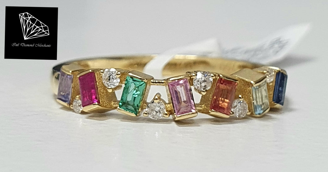 0.08cts [6] Round Brilliant Cut Diamonds | 0.34cts [7] Baguette Cut Multi Coloured Sapphires | Designer Ring | 18kt Yellow Gold