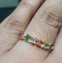Load image into Gallery viewer, 0.08cts [6] Round Brilliant Cut Diamonds | 0.34cts [7] Baguette Cut Multi Coloured Sapphires | Designer Ring | 18kt Yellow Gold
