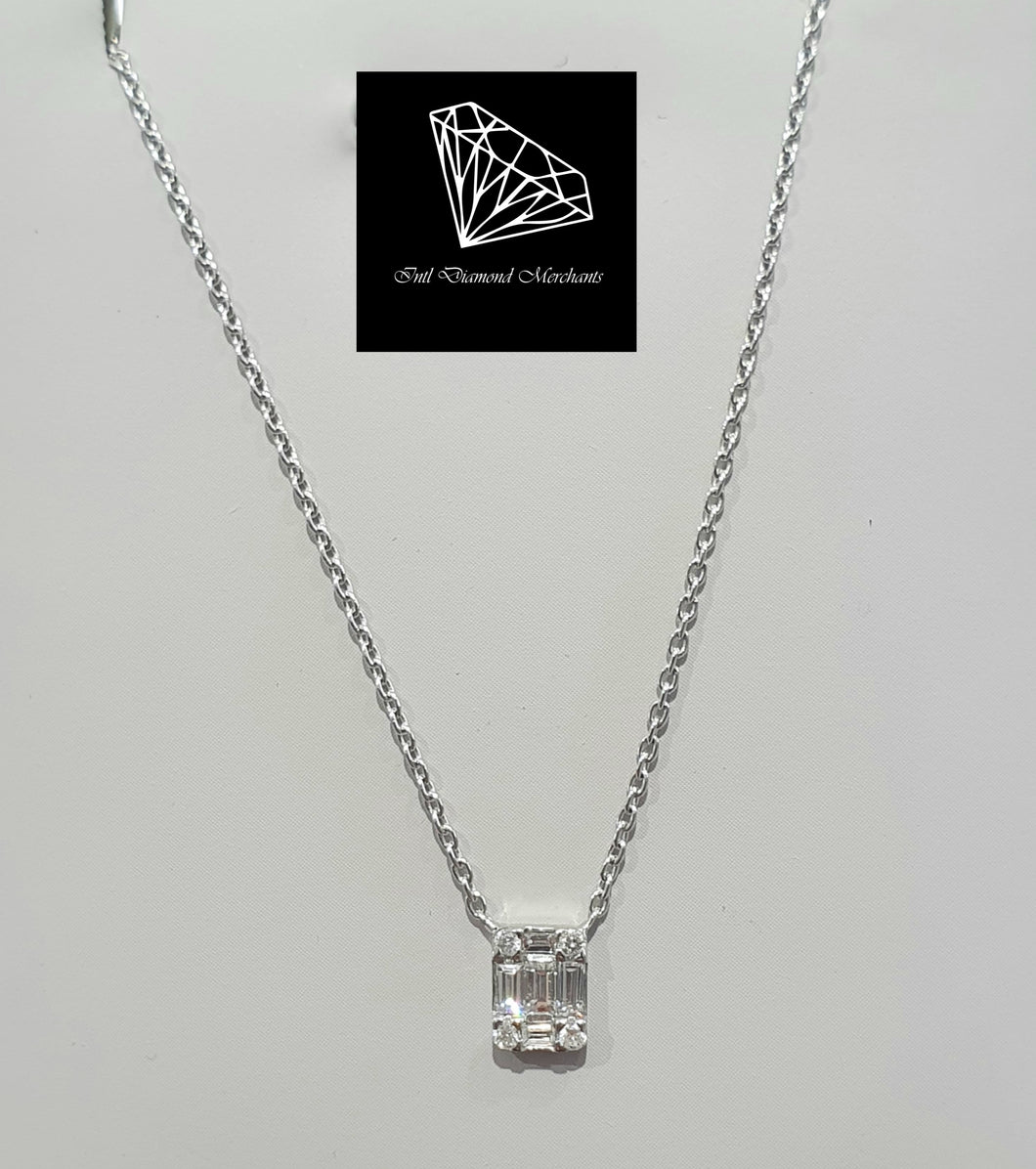 0.20cts [9] Round Brilliant and Baguette Cut Diamonds | Designer Pendant with Chain | 18kt White Gold