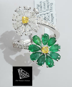 1.38cts [21] Round Brilliant and Pear Cut Diamonds | 1.68cts [9] Pear Cut Green Emerald | 0.25cts [2] Princess Cut Yellow Sapphire | Flower Design Ring | 18kt White Gold