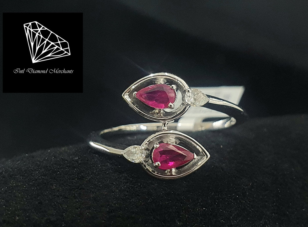 0.66cts [2] Pear Cut Red Rubies | 0.10cts [2] Pear Cut Diamonds | Designer Crossover Ring | 18kt White Gold