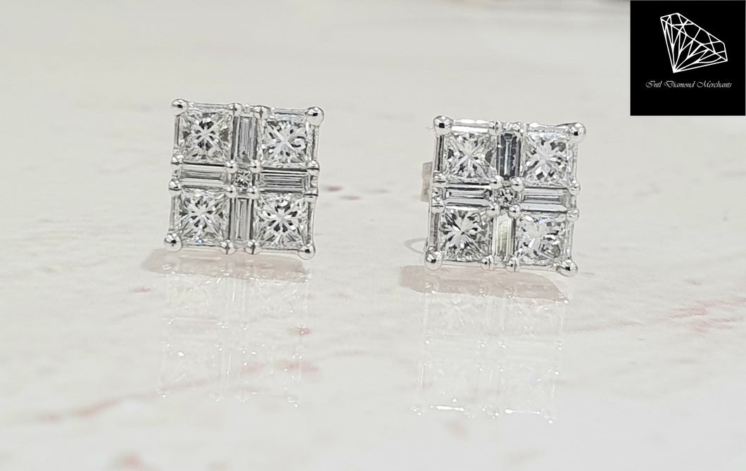 0.85cts | Princess and Baguette Cut Diamonds | Designer Stud Earrings | 14kt White Gold