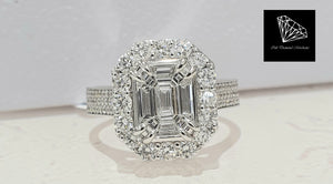 0.57cts Emerald Cut Diamonds set in Illusion Centre | 1.10cts [122] Round Brilliant Cut Diamonds | Designer Ring | 18kt White Gold