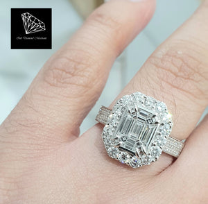 0.57cts Emerald Cut Diamonds set in Illusion Centre | 1.10cts [122] Round Brilliant Cut Diamonds | Designer Ring | 18kt White Gold