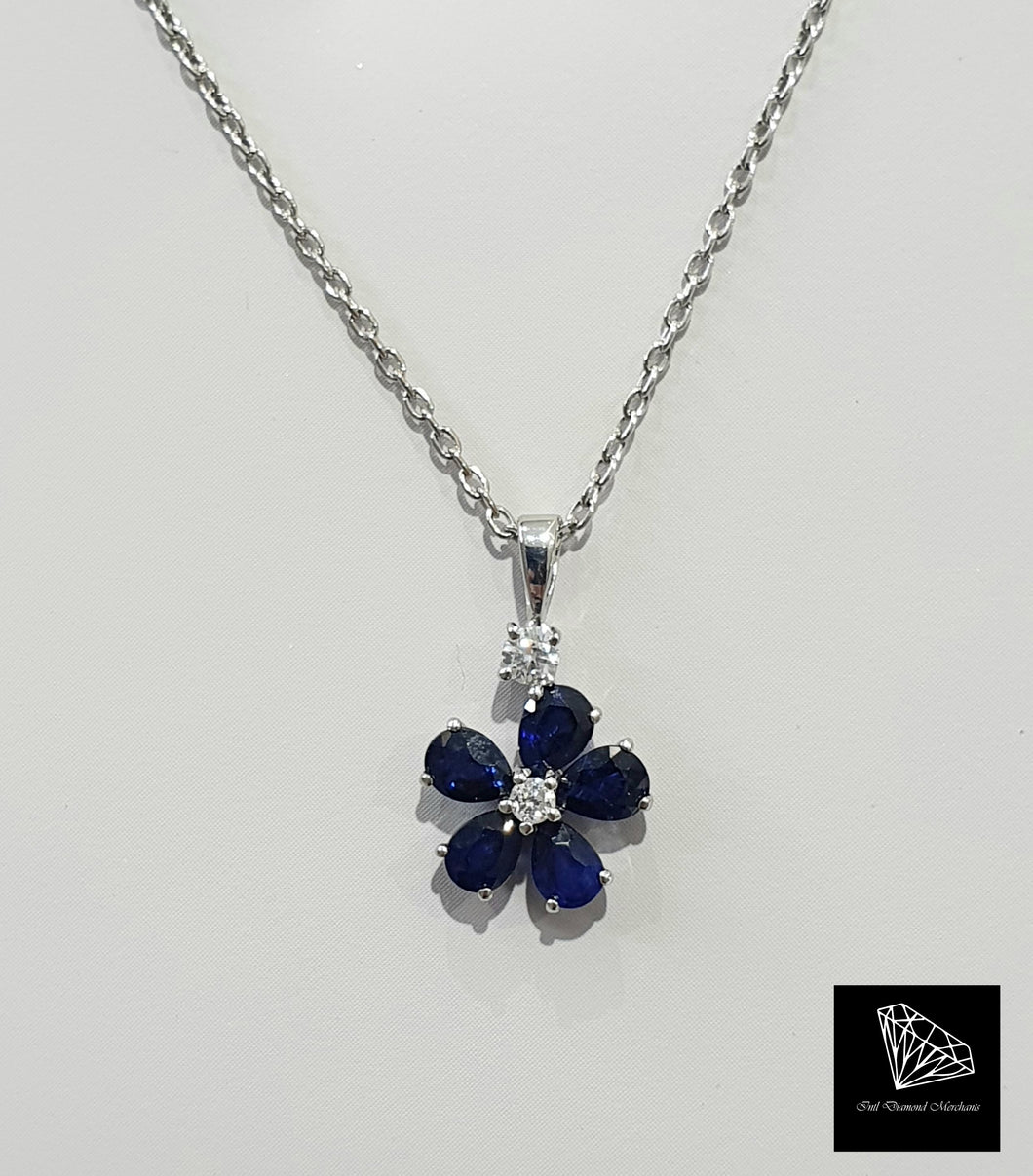 0.84cts [6] Pear Cut Blue Sapphires | 0.06ct [2] Round Brilliant Cut Diamonds | Designer Pendant with Chain | 18kt White Gold