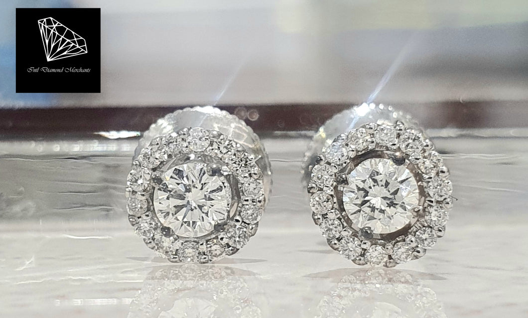 0.580cts [30] Round Brilliant Cut Diamonds | Designer Halo Stud Earrings | 18kt White Gold